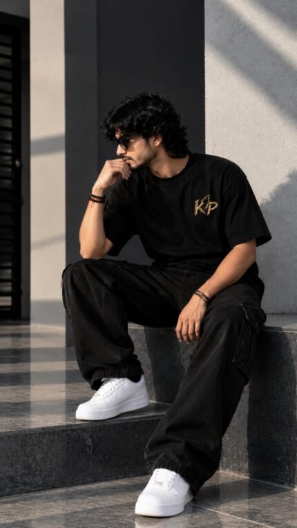 Black Premium Single Embroidery Printed Oversize T-shirt by kp Brand