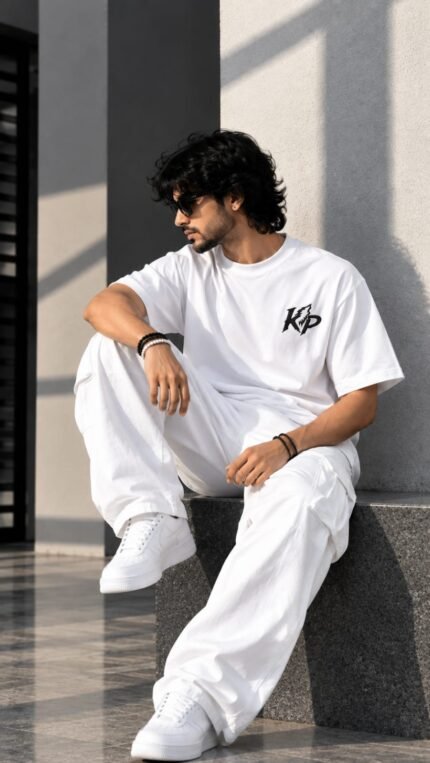 White Single Emboidery printed Oversize Premium Quility T-shirt kp Brand