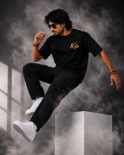Black Premium Double Embroidery Printed Oversize T-shirt by kp Brand